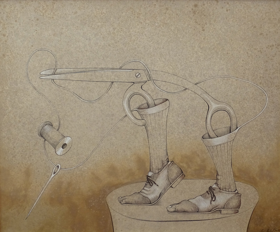 Mario Martín del Campo, Cortando el hilo Mixta sobre lino 100 x 120 cm. 2017